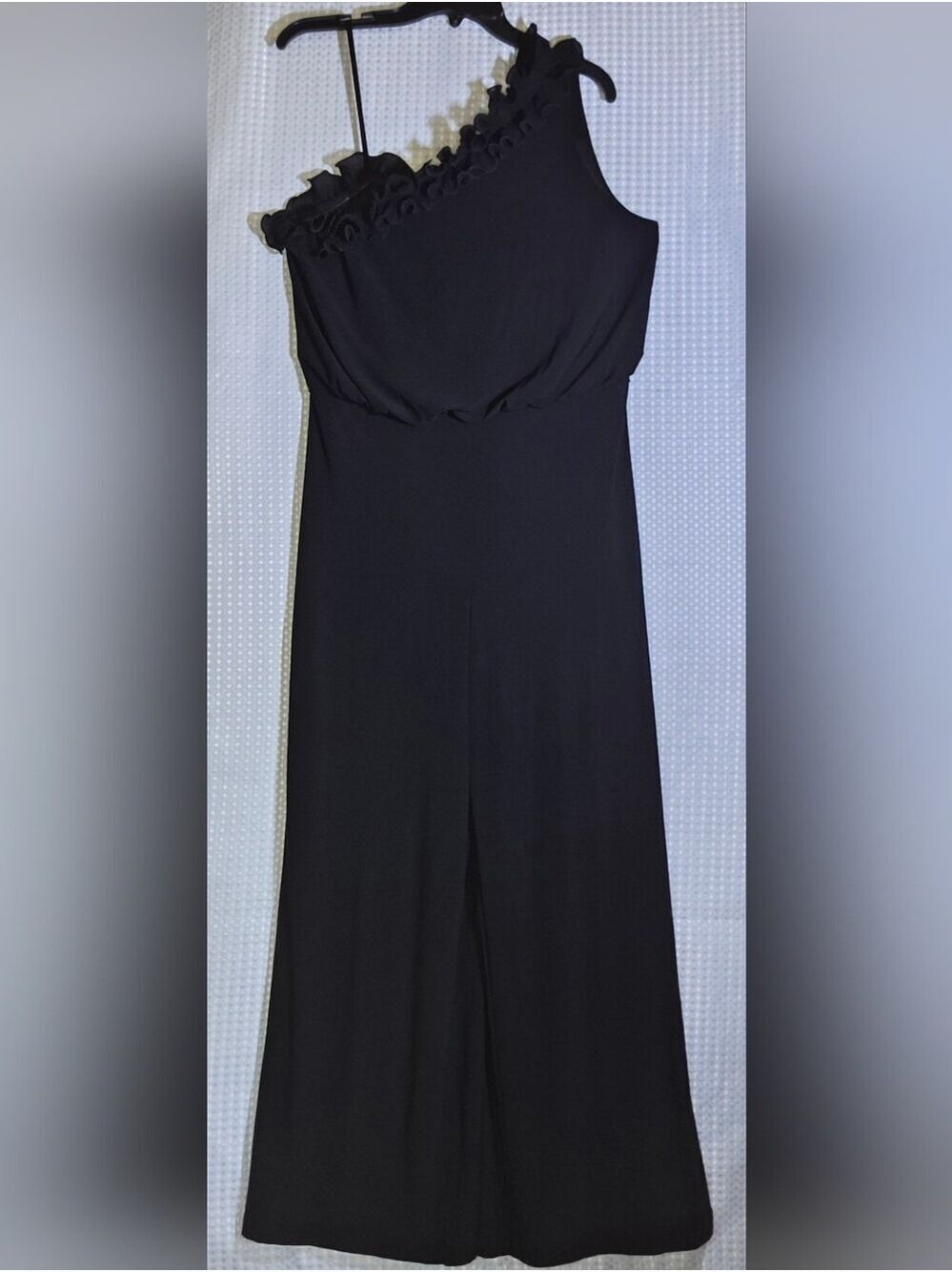 Adrianna Papell Black One-Shoulder Ruffle Wide Leg Jumpsuit Luxe Fashion Size 10 - Picture 12 of 15